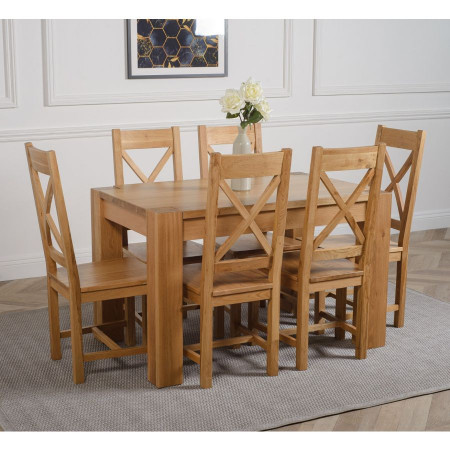 ChunKy Oak : Bàn Ăn 1m6 + 6 Ghế ( Lưng X - Mặt Gỗ )
